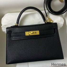 Hermes Kelly Mini II Sellier Handmade Bag In Black Chevre Mysore Leather