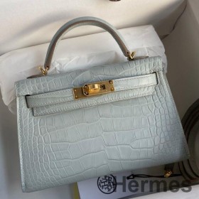 Hermes Kelly Mini II Sellier Handmade Bag In Blue Glacier Matte Alligator Leather