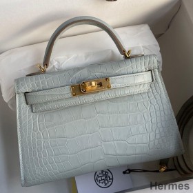Hermes Kelly Mini II Sellier Handmade Bag In Blue Glacier Matte Alligator Leather