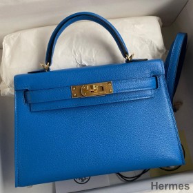 Hermes Kelly Mini II Sellier Handmade Bag In Blue Hydra Chevre Mysore Leather