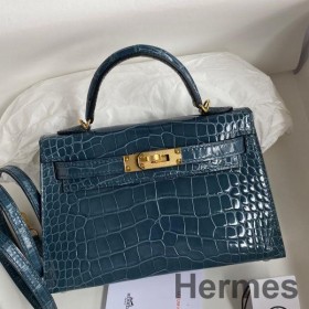Hermes Kelly Mini II Sellier Handmade Bag In Blue Jean Shiny Alligator Leather