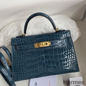 Hermes Kelly Mini II Sellier Handmade Bag In Blue Jean Shiny Alligator Leather