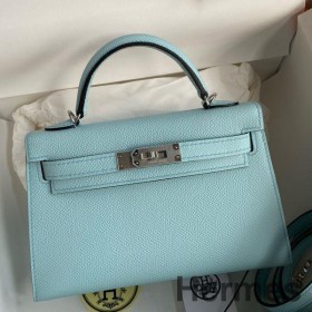 Hermes Kelly Mini II Sellier Handmade Bag In Blue Zephyr Epsom Calfskin