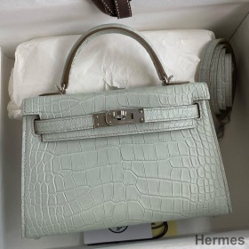 Hermes Kelly Mini II Sellier Handmade Bag In Gris Neve Matte Alligator Leather