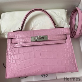 Hermes Kelly Mini II Sellier Handmade Bag In Mauve Sylvestre Matte Alligator Leather