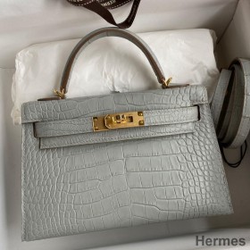 Hermes Kelly Mini II Sellier Handmade Bag In Pearl Grey Matte Alligator Leather