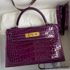 Hermes Kelly Mini II Sellier Handmade Bag In Purple Shiny Alligator Leather