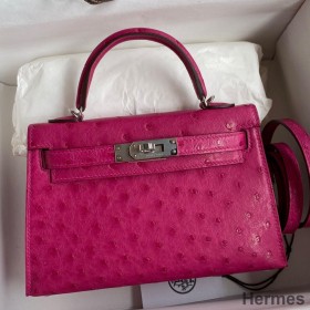 Hermes Kelly Mini II Sellier Handmade Bag In Rose Red Ostrich Leather