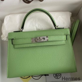 Hermes Kelly Mini II Sellier Handmade Bag In Vert Criquet Chevre Mysore Leather