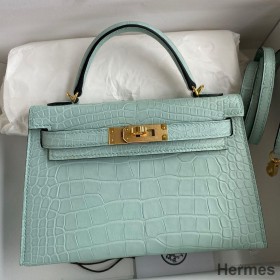 Hermes Kelly Mini II Sellier Handmade Bag In Vert D'eau Matte Alligator Leather