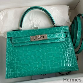 Hermes Kelly Mini II Sellier Handmade Bag In Vert Jude Shiny Alligator Leather