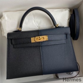 Hermes Kelly Mini II Sellier Tri - color Bag In Black/Blue Indigo/Red Calfskin