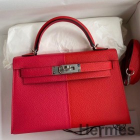 Hermes Kelly Mini II Sellier Tri - color Bag In Red/Rose Extreme/Blue Epsom Calfskin