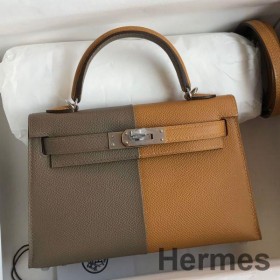 Hermes Kelly Mini II Sellier Tri - color Bag In Taupe/Sesame/Blue Nuit Epsom Calfskin