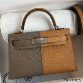 Hermes Kelly Mini II Sellier Tri - color Bag In Taupe/Sesame/Blue Nuit Epsom Calfskin