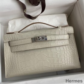Hermes Kelly Pochette Handmade Bag In Beton Matte Alligator Leather