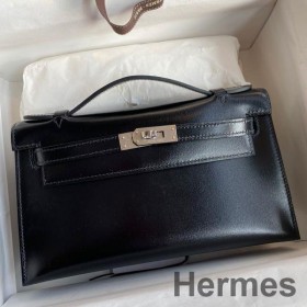Hermes Kelly Pochette Handmade Bag In Black Box Calfskin