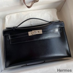 Hermes Kelly Pochette Handmade Bag In Black Box Calfskin