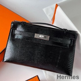 Hermes Kelly Pochette Handmade Bag In Black Lizard Skin