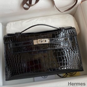 Hermes Kelly Pochette Handmade Bag In Black Shiny Alligator Leather