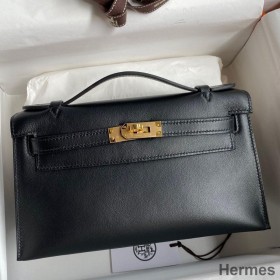 Hermes Kelly Pochette Handmade Bag In Black Swift Calfskin
