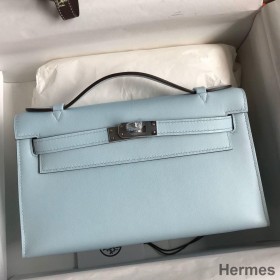 Hermes Kelly Pochette Handmade Bag In Blue Brume Swift Calfskin