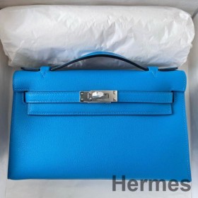 Hermes Kelly Pochette Handmade Bag In Blue Frida Swift Calfskin