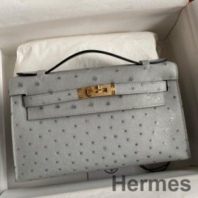 Hermes Kelly Pochette Handmade Bag In Blue Glacier Ostrich Leather