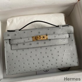 Hermes Kelly Pochette Handmade Bag In Blue Glacier Ostrich Leather