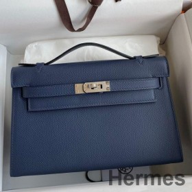 Hermes Kelly Pochette Handmade Bag In Blue Saphir Epsom Calfskin