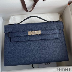 Hermes Kelly Pochette Handmade Bag In Blue Saphir Epsom Calfskin