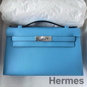 Hermes Kelly Pochette Handmade Bag In Blue du Nord Epsom Calfskin