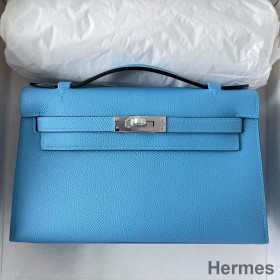 Hermes Kelly Pochette Handmade Bag In Blue du Nord Epsom Calfskin