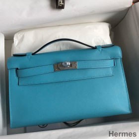 Hermes Kelly Pochette Handmade Bag In Blue du Nord Swift Calfskin