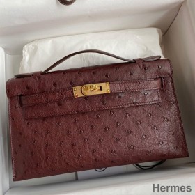 Hermes Kelly Pochette Handmade Bag In Bordeaux Ostrich Leather