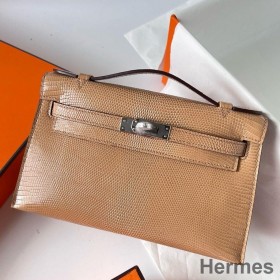 Hermes Kelly Pochette Handmade Bag In Chai Lizard Skin