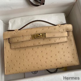 Hermes Kelly Pochette Handmade Bag In Chai Ostrich Leather