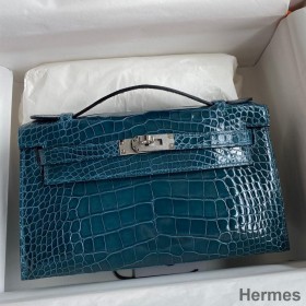 Hermes Kelly Pochette Handmade Bag In Colvert Shiny Alligator Leather