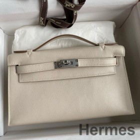 Hermes Kelly Pochette Handmade Bag In Craie Swift Calfskin