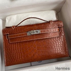 Hermes Kelly Pochette Handmade Bag In Gold Matte Alligator Leather