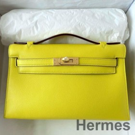 Hermes Kelly Pochette Handmade Bag In Lime Swift Calfskin