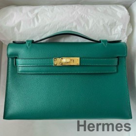 Hermes Kelly Pochette Handmade Bag In Malachite Swift Calfskin