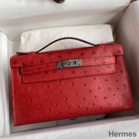 Hermes Kelly Pochette Handmade Bag In Red Ostrich Leather