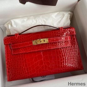 Hermes Kelly Pochette Handmade Bag In Red Shiny Alligator Leather