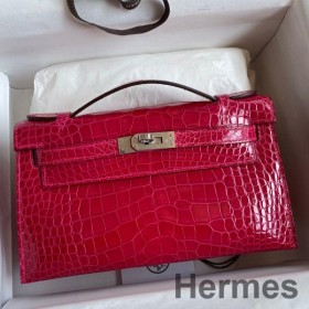 Hermes Kelly Pochette Handmade Bag In Rose Extreme Shiny Alligator Leather