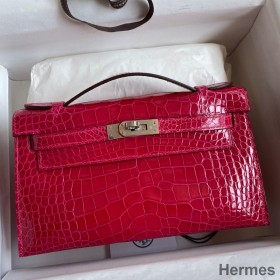 Hermes Kelly Pochette Handmade Bag In Rose Extreme Shiny Alligator Leather