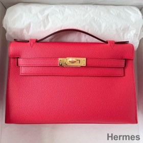 Hermes Kelly Pochette Handmade Bag In Rose Japour Epsom Calfskin