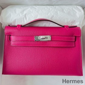 Hermes Kelly Pochette Handmade Bag In Rose Mexico Chevre Mysore Leather