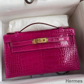 Hermes Kelly Pochette Handmade Bag In Rose Scheherazade Shiny Alligator Leather