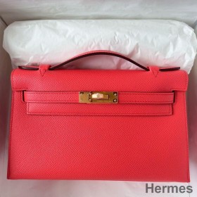 Hermes Kelly Pochette Handmade Bag In Rose Texas Epsom Calfskin